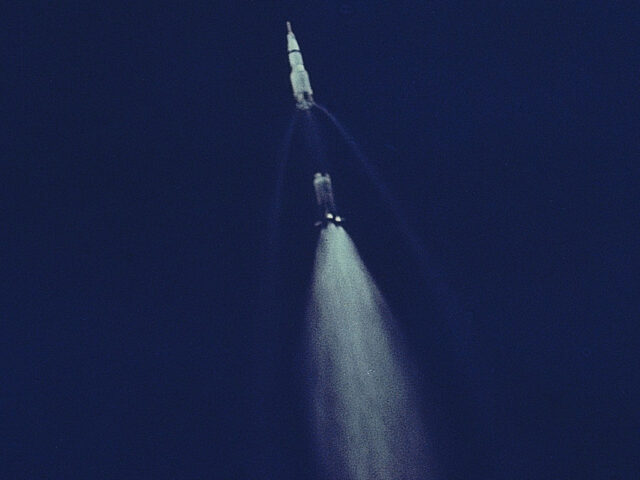 Apollo 11 rocket undergoing staging during flight.